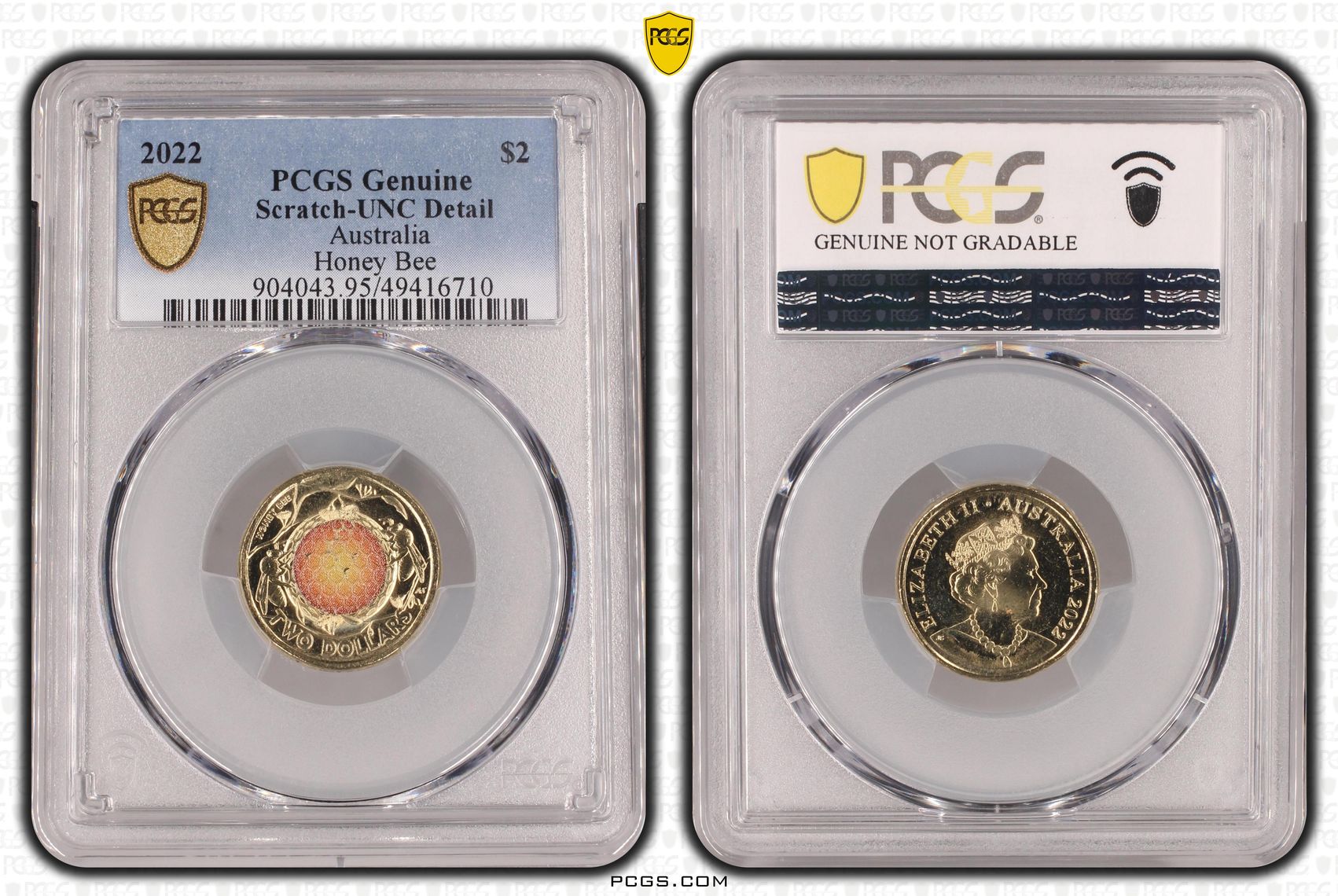 488 · Honey Bee Colorized, Two Dollar, 2022, PCGS Genuine - UNC Details (95 - Scratch)