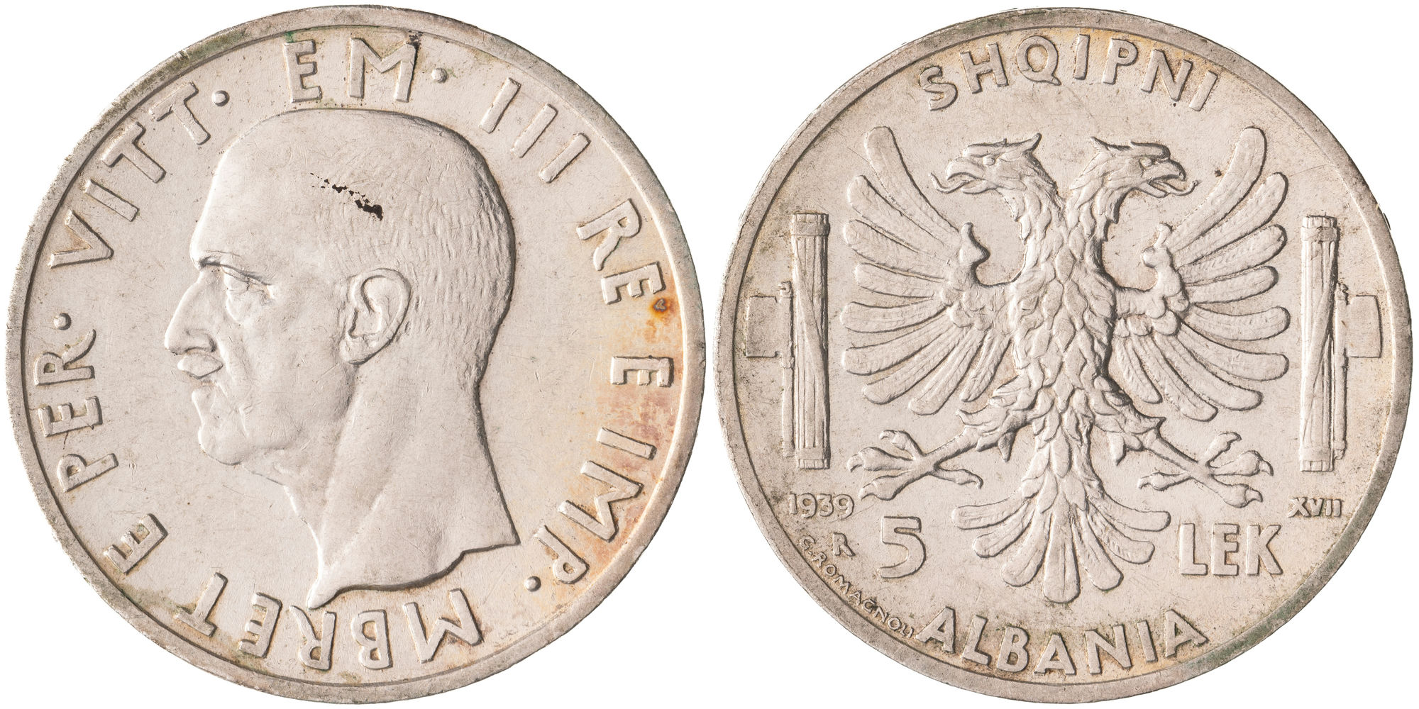 Albania, Italian Occupation WWII, Five Lek, 1939, EF