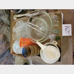 Glass mixing bowls, bottles and glass platters