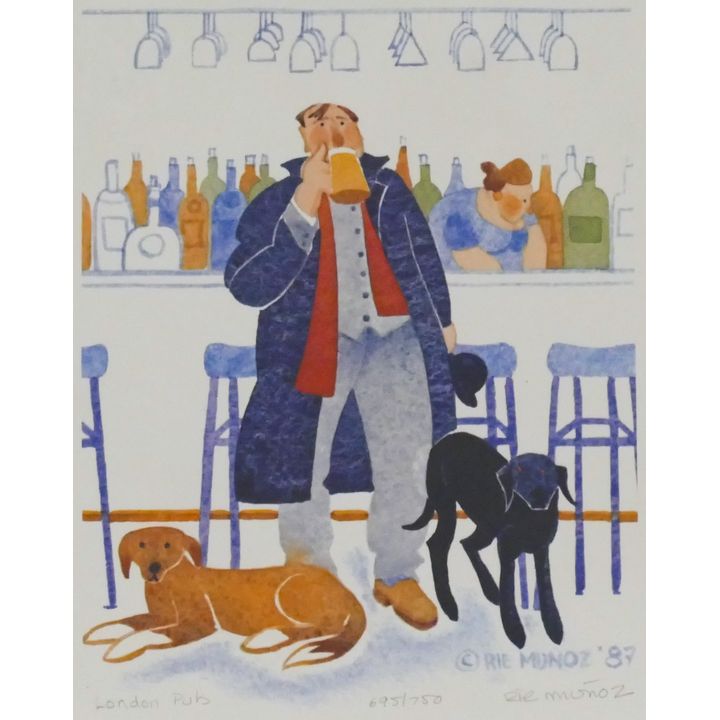Rie Munoz "London Pub" 1987 Signed Print 10.75" x 8.5" Sheet.