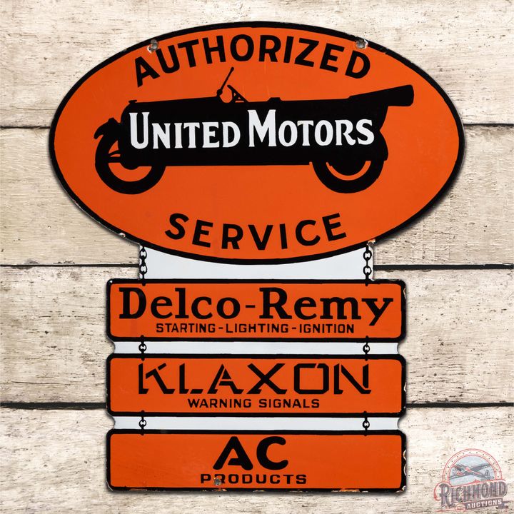 Amazing United Motors Authorized Service DS Porcelain Sign w/ Delco-Remy Klaxon & AC Products