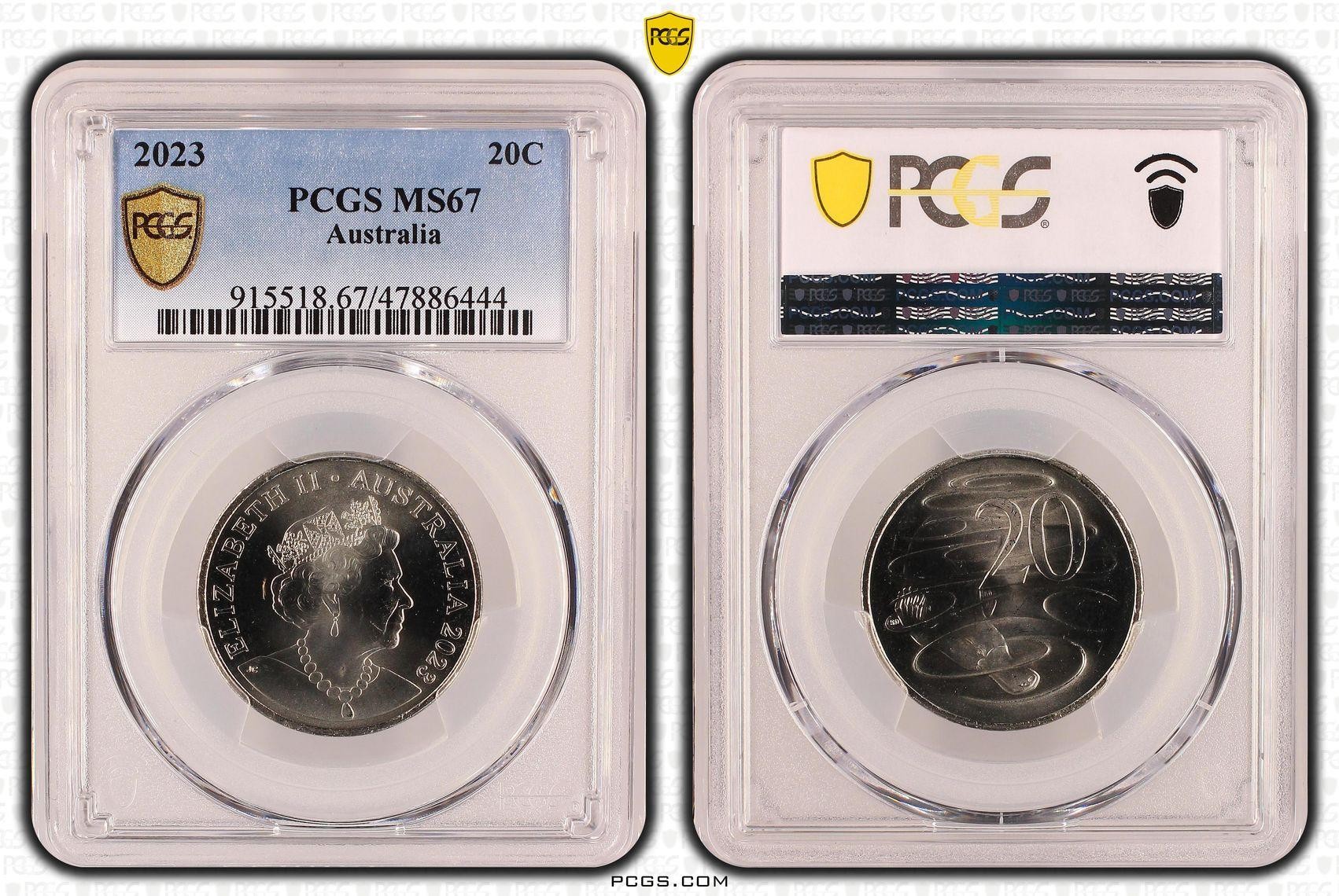 443 · Elizabeth II, Twenty Cent, 2023, PCGS MS 67