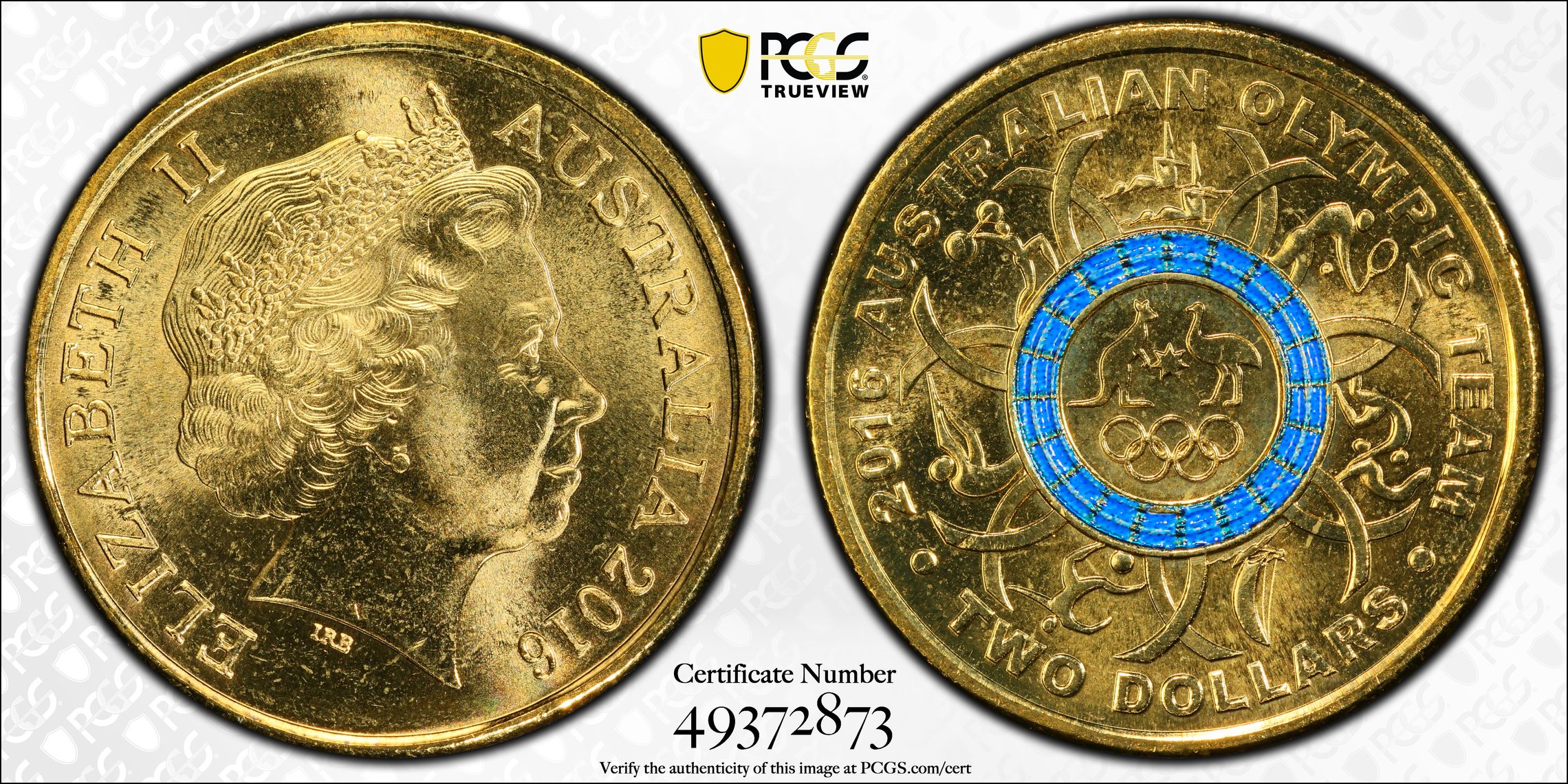 418 · Elizabeth II, Olympic Team - Blue , Two Dollar, 2016, PCGS MS67