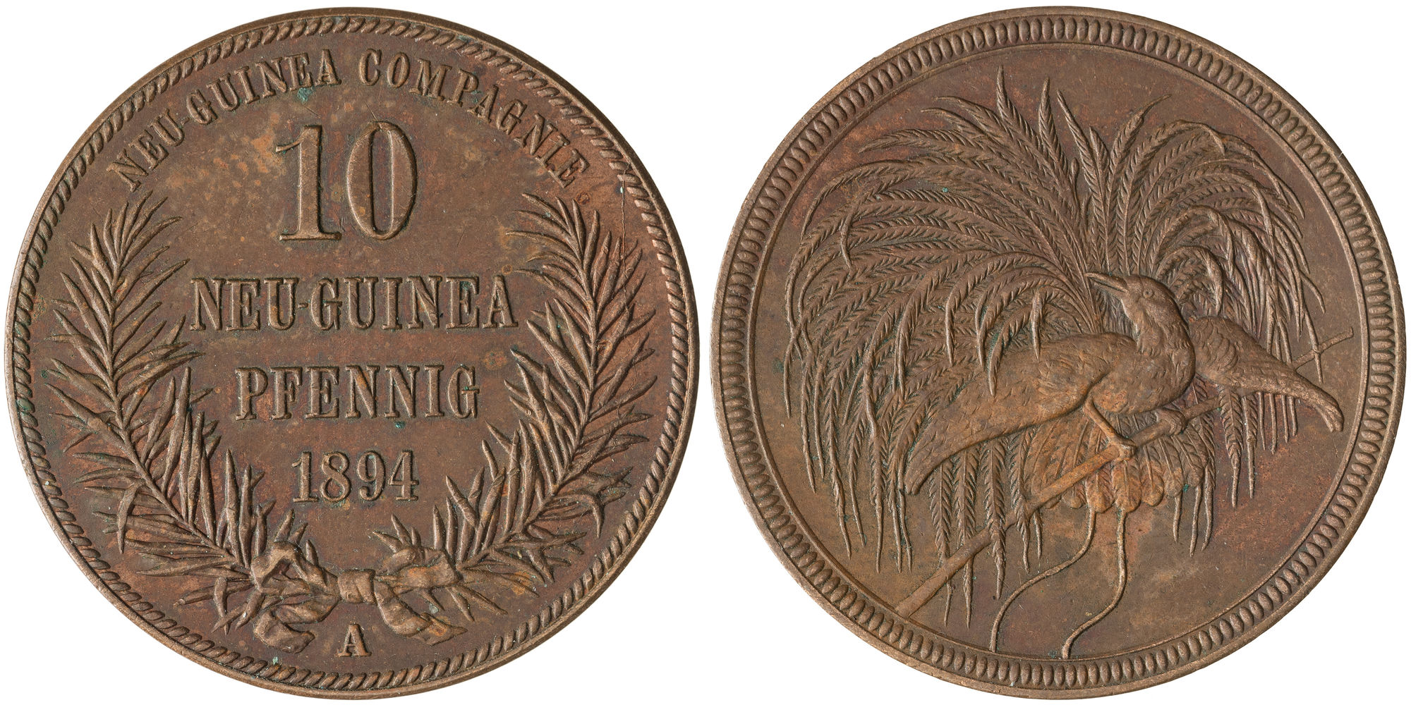 German New Guinea, Friedrich Wilhelm II, Ten Pfennigs, 1894-A, aUNC