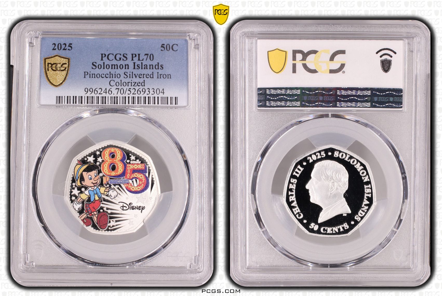 Solomon Islands, Pinocchio Silvered Iron Colourised, POP 1/0, Fifty Cent, 2025, PCGS PL70
