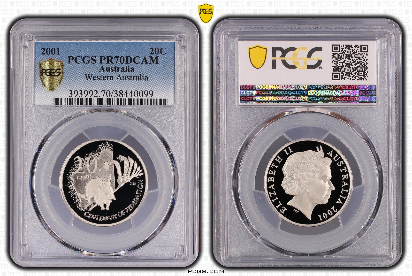 Western Australia, Top pop, Twenty Cent, 2001, PCGS PR70DCAM