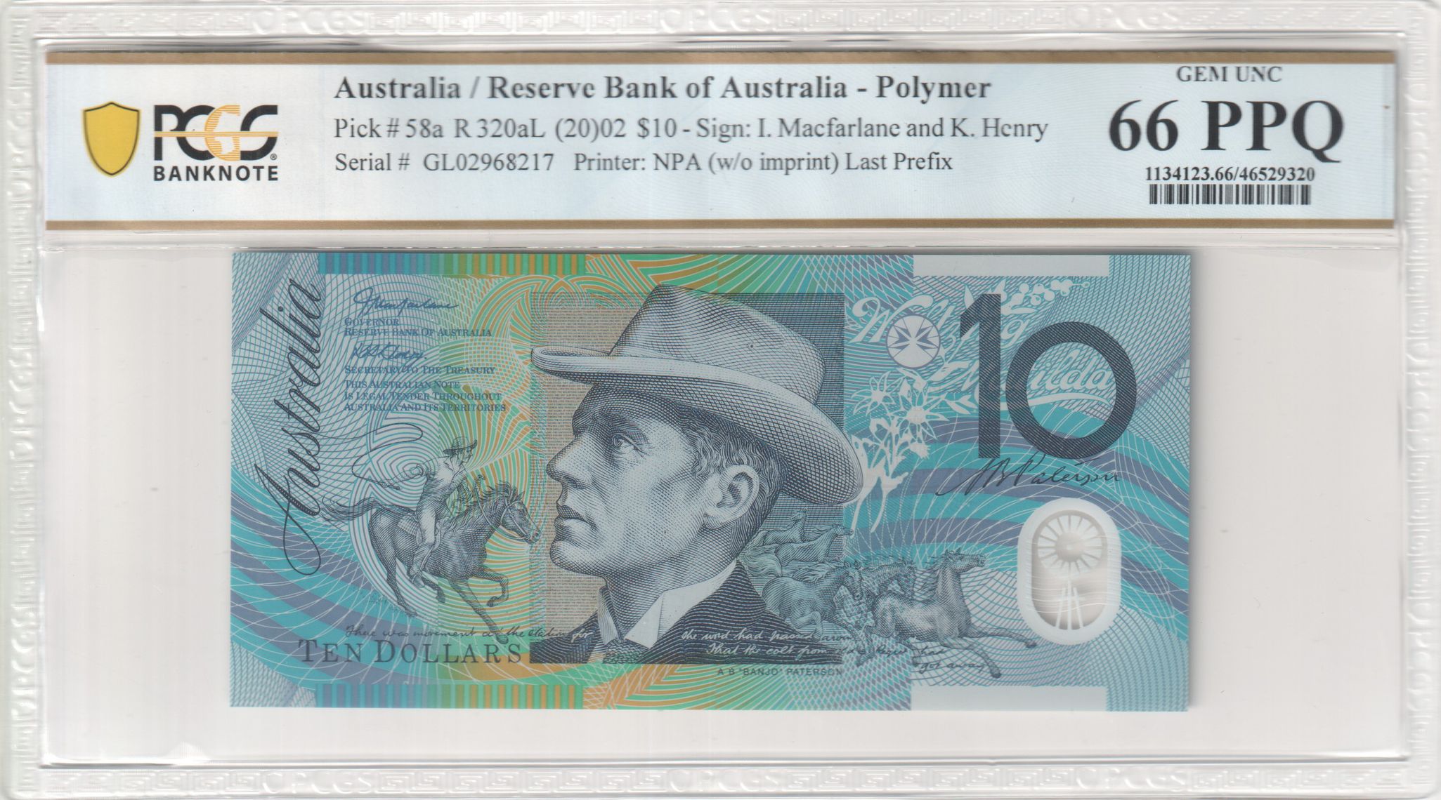 Macfarlane/Henry, Last Prefix, Ten Dollar, 2002, PCGS Gem UNC 66 PPQ