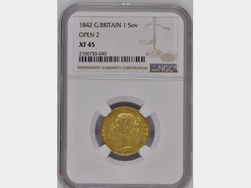 1842 Queen Victoria Young Head Shield 'Open 2 Variety' London Mint Gold Sovereign NGC Graded XF45
