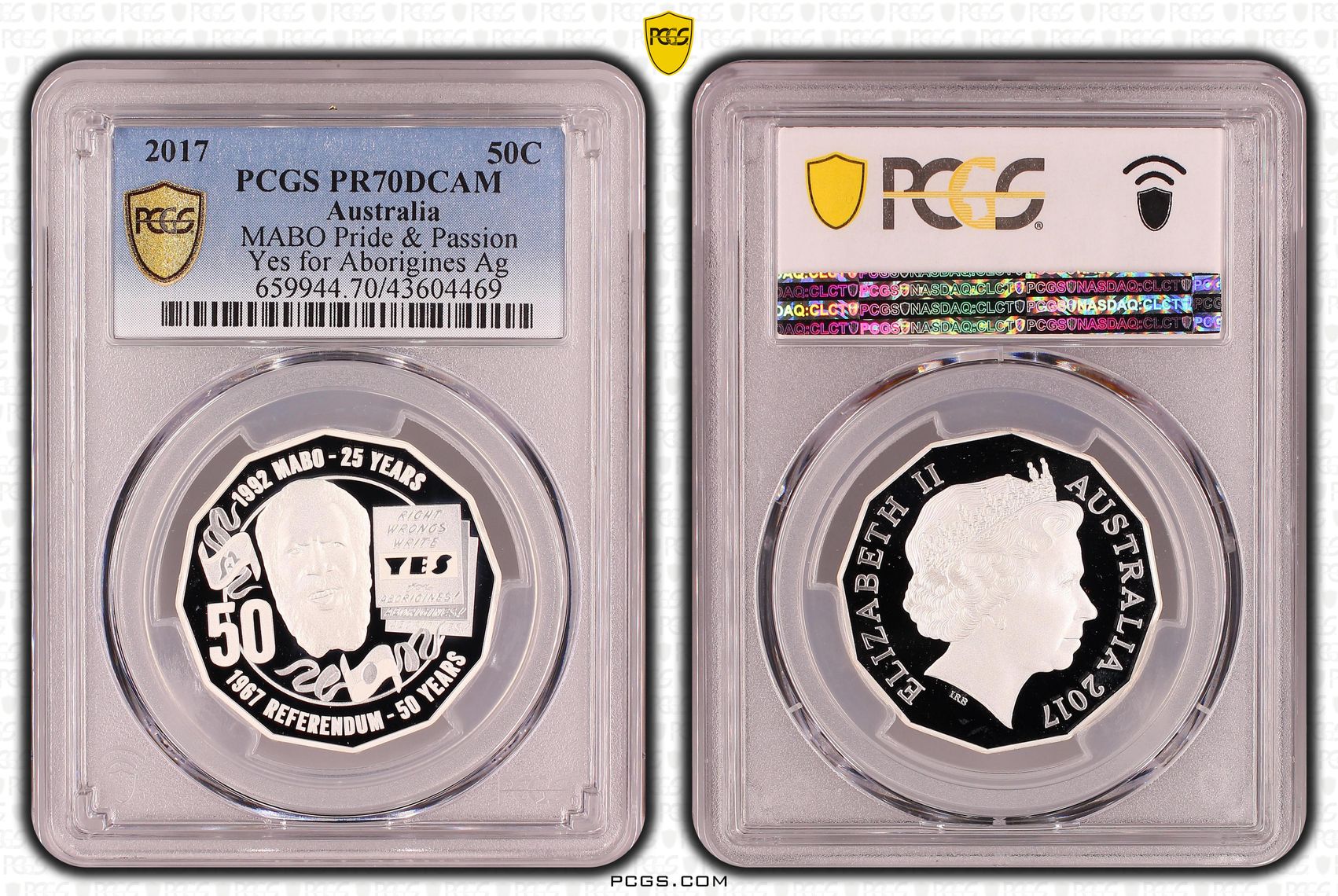 2017 Australia Fifty Cent, 50c Silver MABO Pride & Passion - Yes for Aborigines Ag PCGS - PR70DCAM POP 28/0 -469