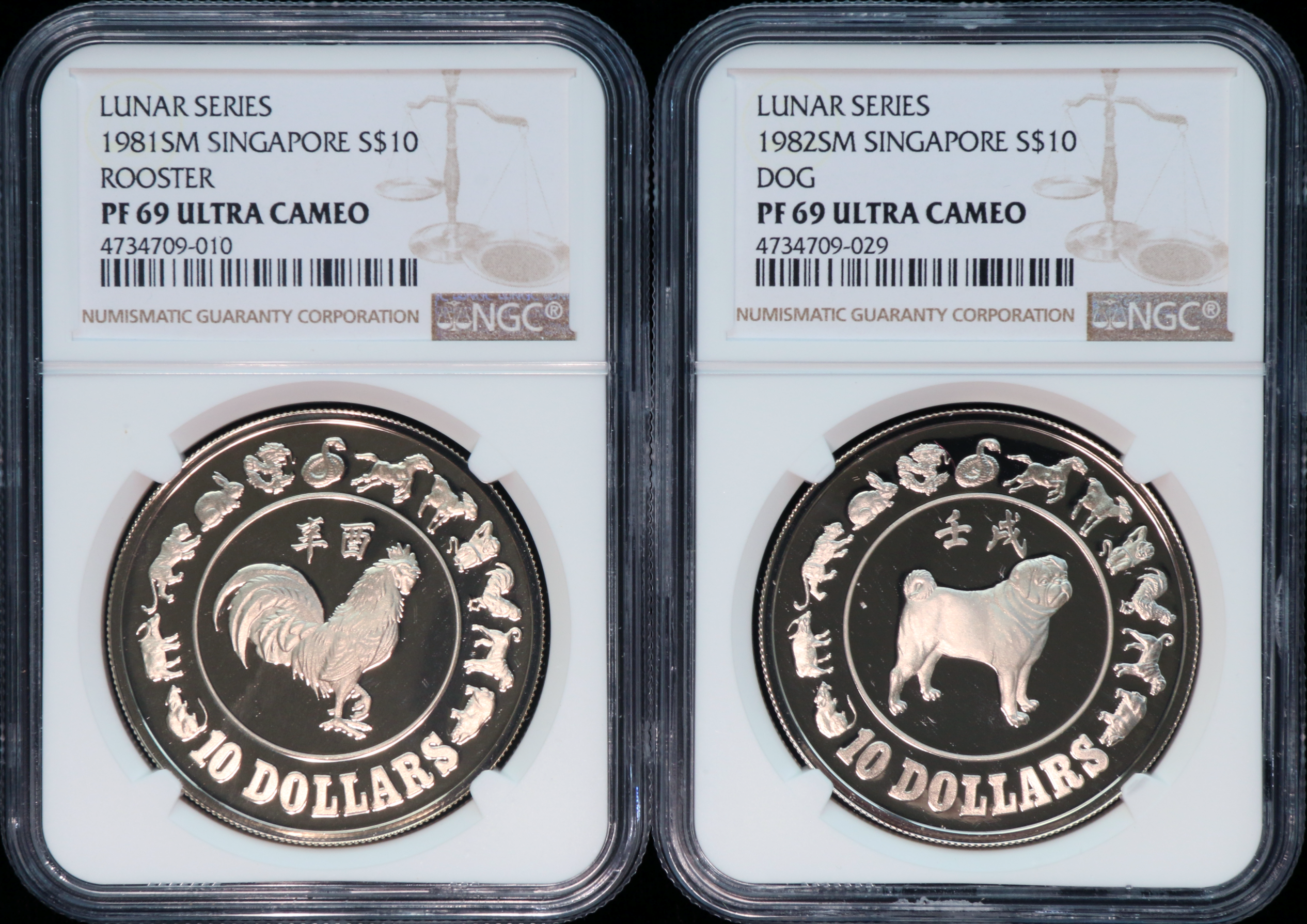Singapore Lunar Series 1981-82 S$10 Rooster/Dog NGC PF69 Ultra