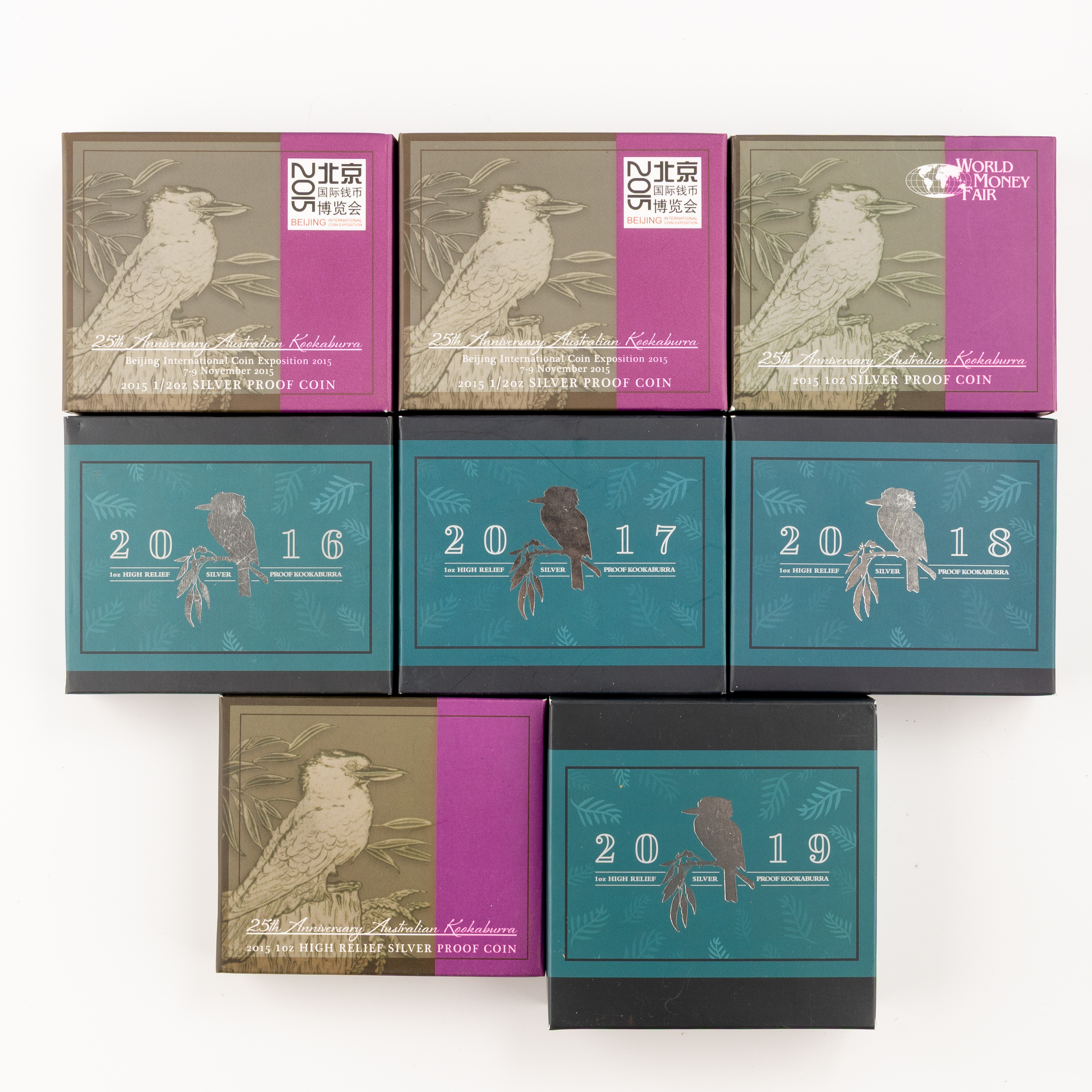 Elizabeth II, Perth Mint Kookaburra Silver Proofs, One Dollar, 2015 - 2019, FDC