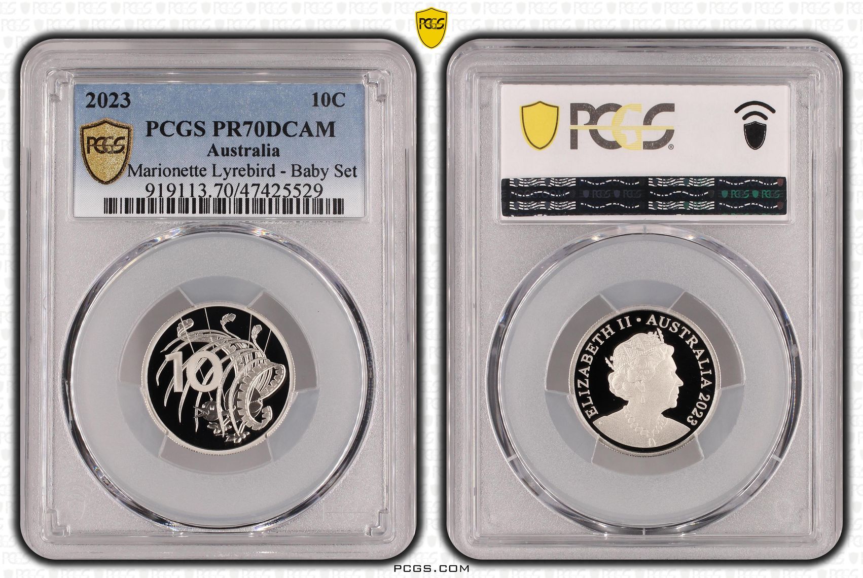 Elizabeth II, Marionette Lyrebird - Baby Set, Ten Cent, 2023, PCGS PR70DCAM