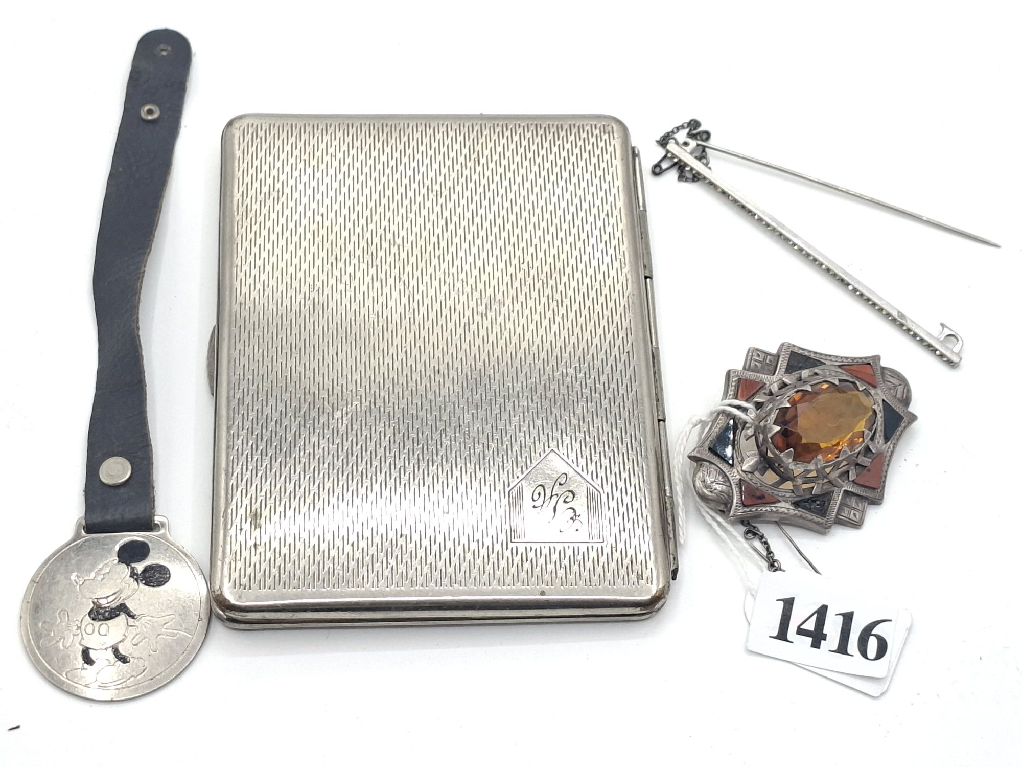 CIGARETTE CASE, BROOCHES AND MICKEY MOUSE DISK