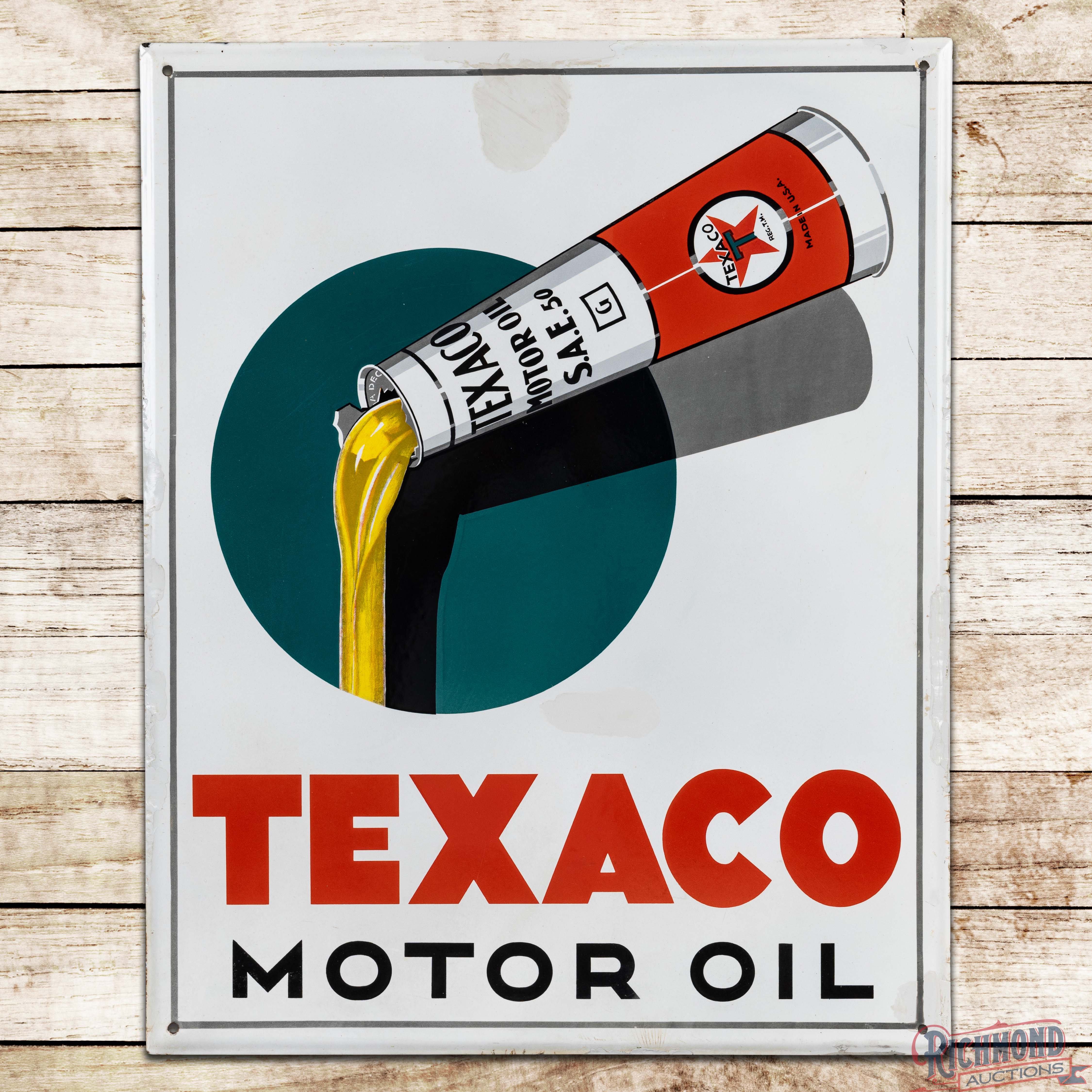 Texaco Motor Oil Single Sided Porcelain Sign w/ Pouring Cone Can ...