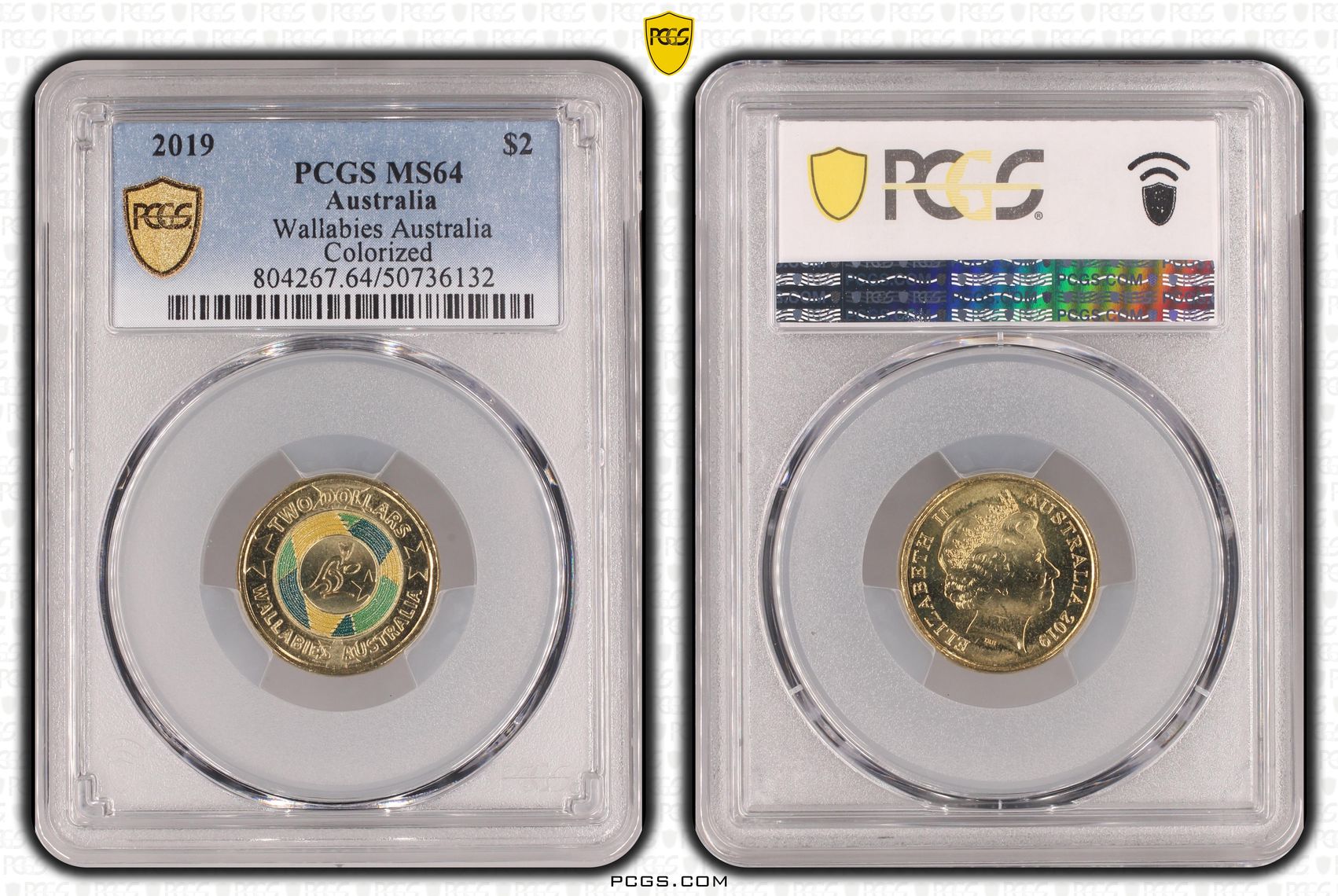 Wallabies Australia Colorized, Two Dollar, 2019, PCGS MS64
