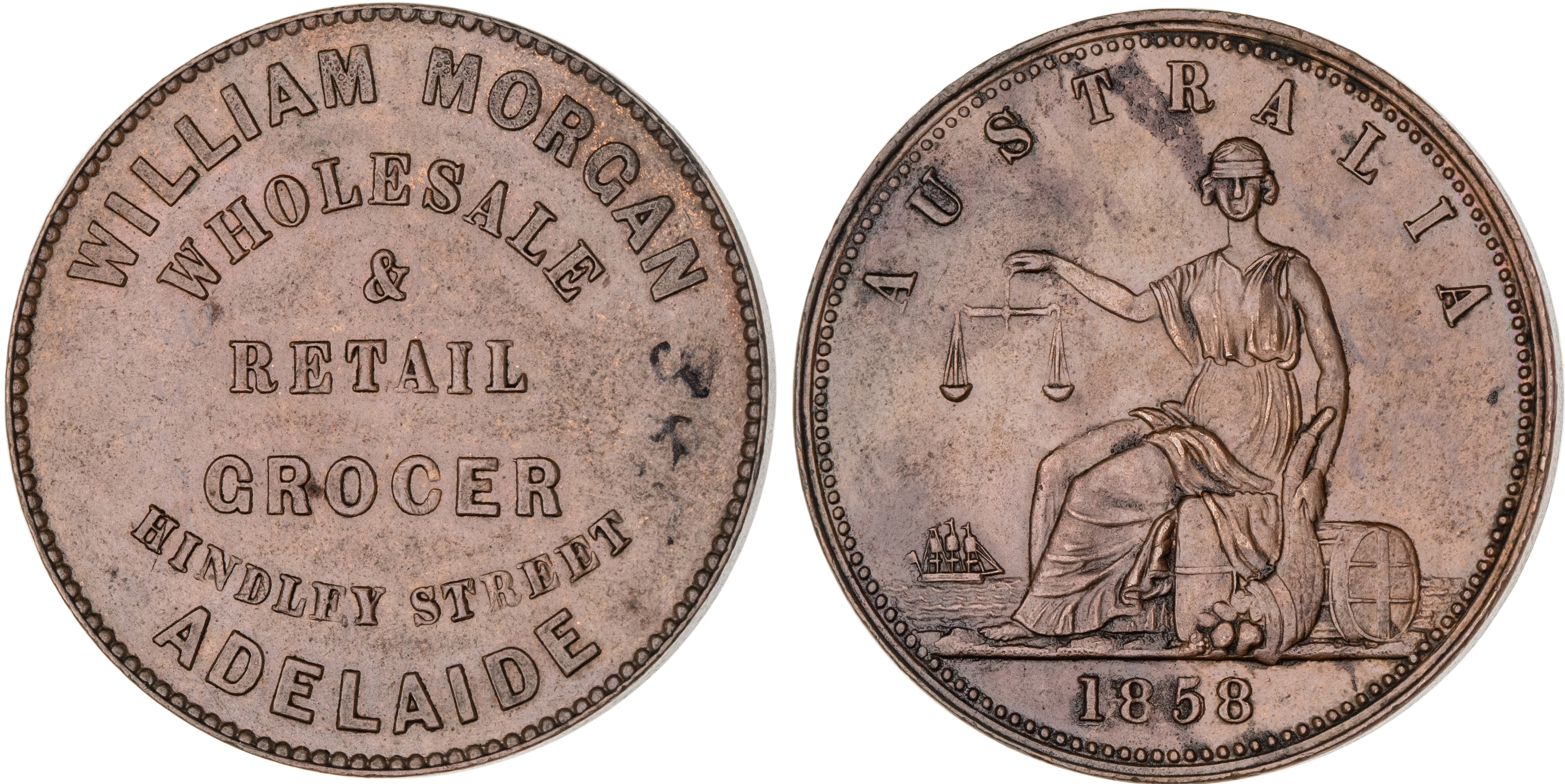 Adelaide, South Australia, William Morgan, Penny, 1858, UNC