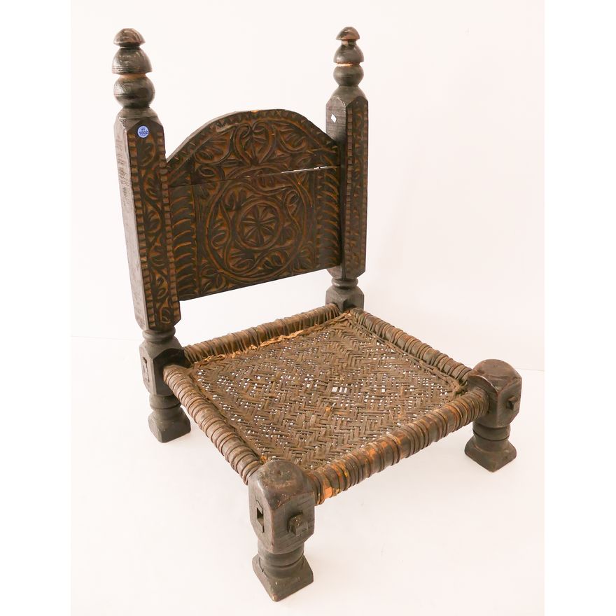 Antique Swat Valley Heavily Carved Low Chair- 31x22x20''