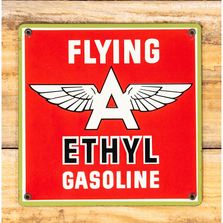 Flying A Ethyl Gasoline Single Sided Porcelain Pump Sign TAC 9.75