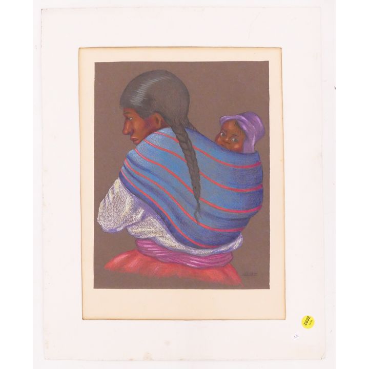 Navajo Mother & Child Pastel Painting unframed- 20x16'' matted