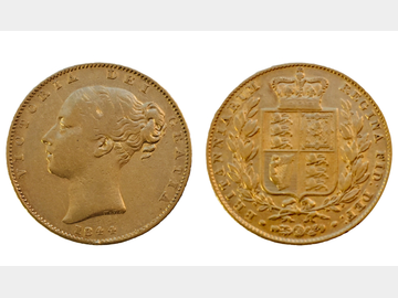 1844 Queen Victoria Young Head London Mint Shield Gold Sovereign.