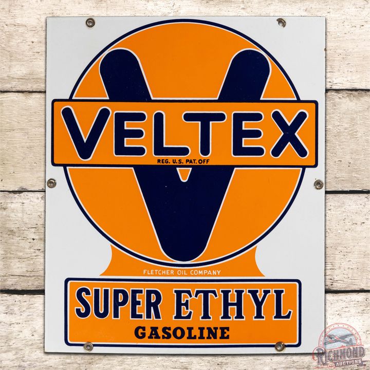 Outstanding Veltex Super Ethyl Gasoline Single Sided Porcelain Pump Plate Sign