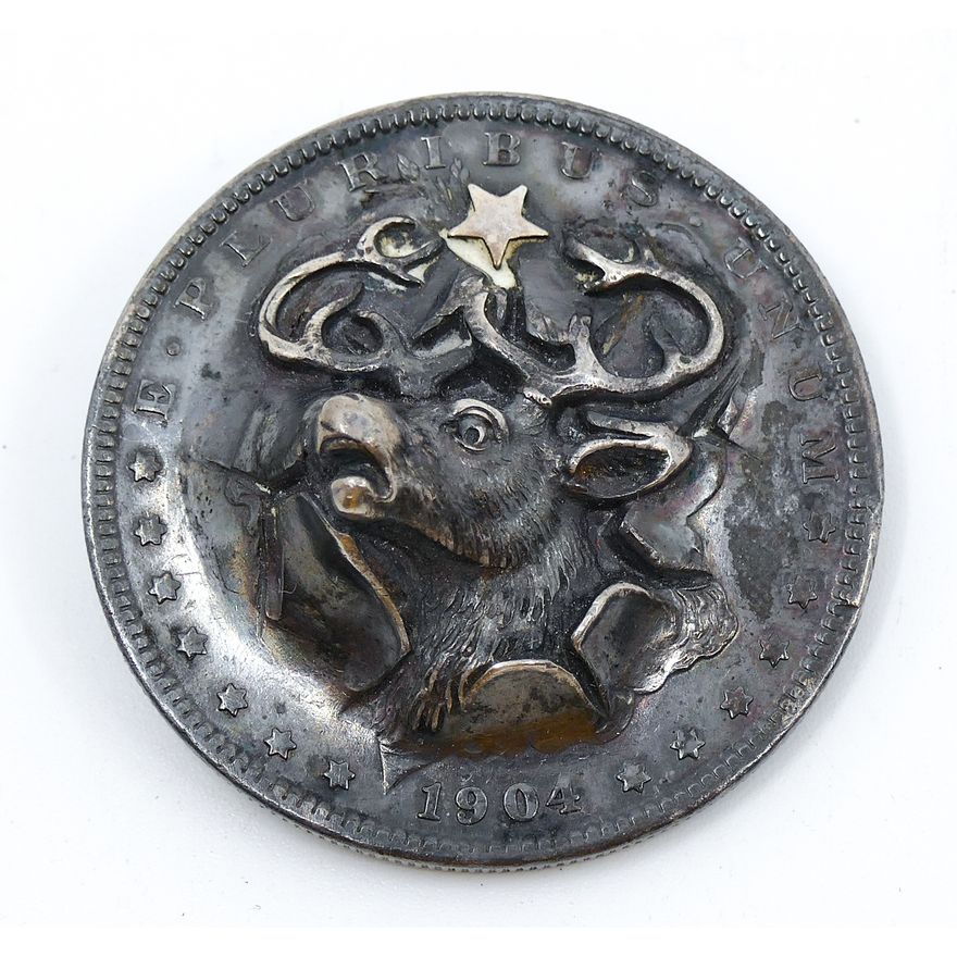 Antique Elks Repousse Silver Dollar Brooch 1.5'' - 27 Grams