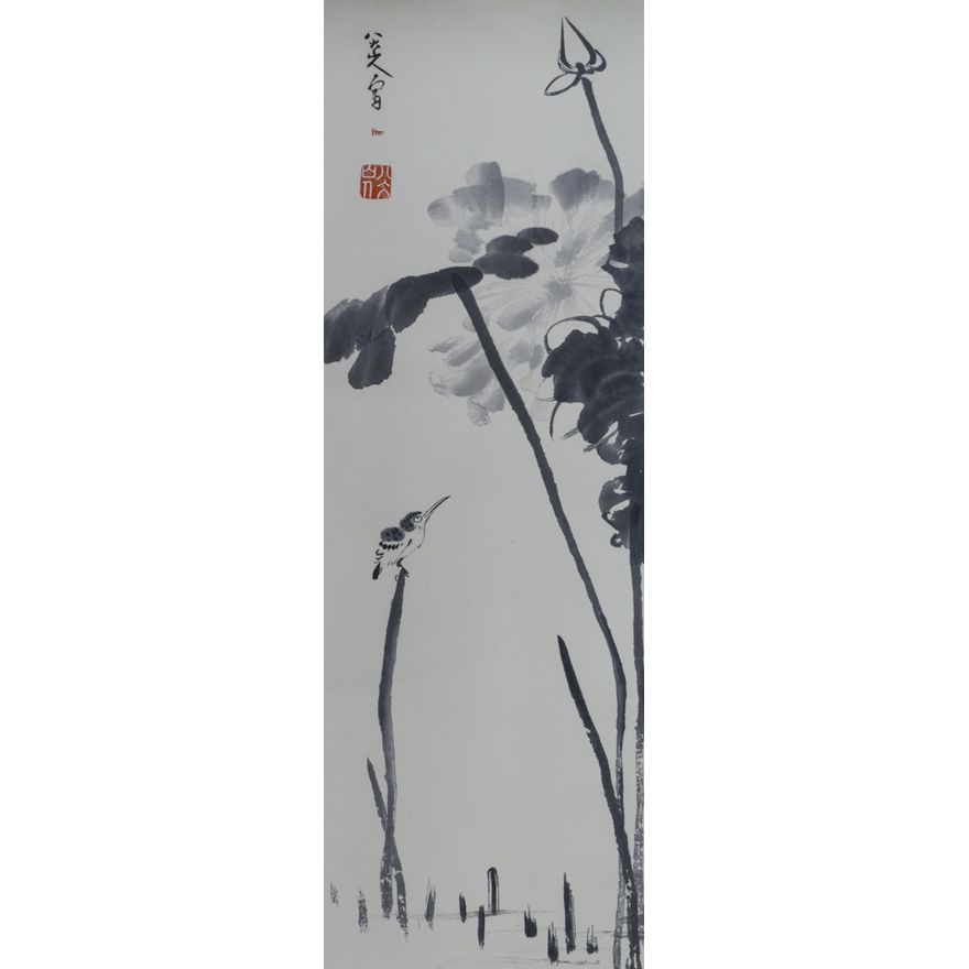 Japanese Bird with Lotus Flowers Scroll Painting 36''x12.5''