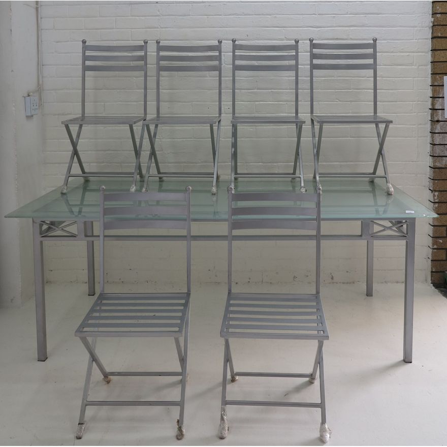 GLASS TOP PATIO TABLE AND SET OF 8 CHAIRS with cushions
