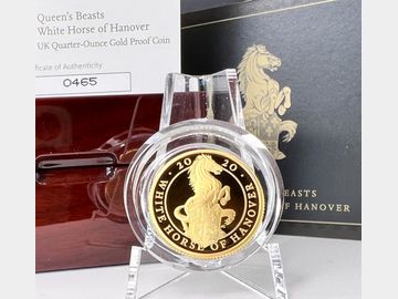 2020 ELIZABETH II QUEENS BEASTS 'WHITE HORSE OF HANOVER' GOLD 1/4oz PROOF 25 POUND COIN