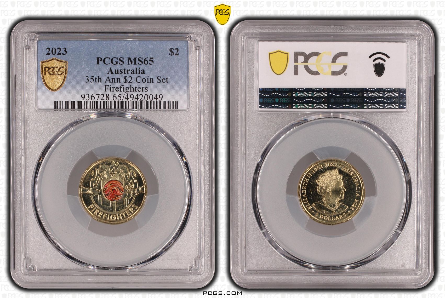 35th Ann $2 Coin Set Colourised Firefighters, Two Dollar, 2023, PCGS MS65