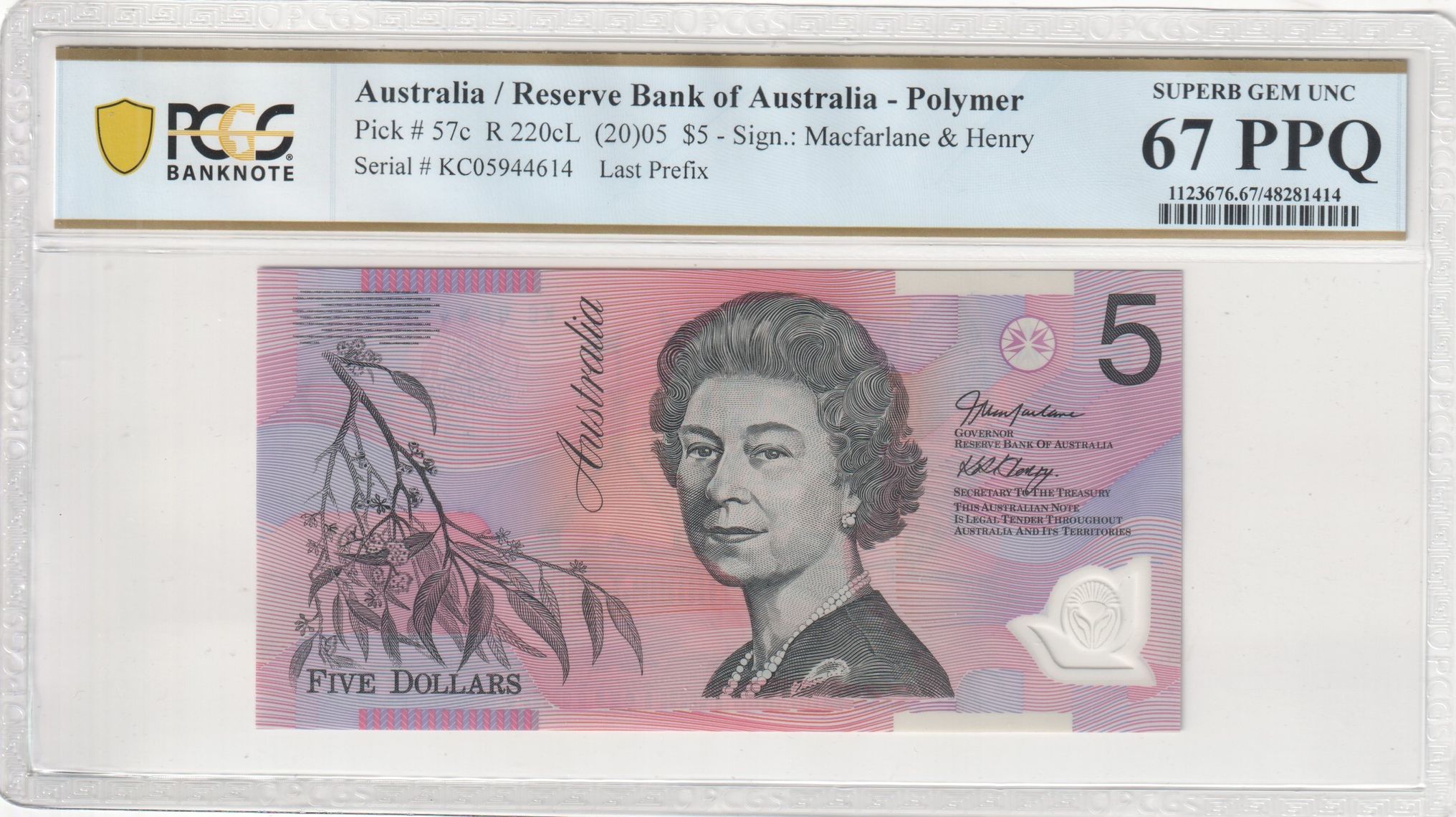 Macfarlane/Henry, Last Prefix, Five Dollar, 2005, PCGS Superb Gem UNC 67 PPQ