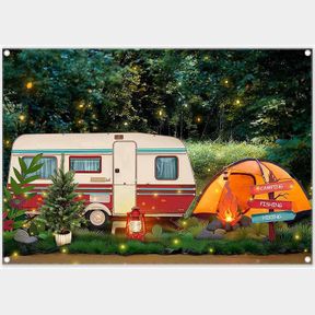 ZTHMOE FABRIC 7X5FT CAMPING PHOTOGRAPHY BACKDROP FOREST NIGHT CAMPFIRE TENT CAR BACKGROUND CAMPER ADVENTURE PARTY DECORATIONS OUTD