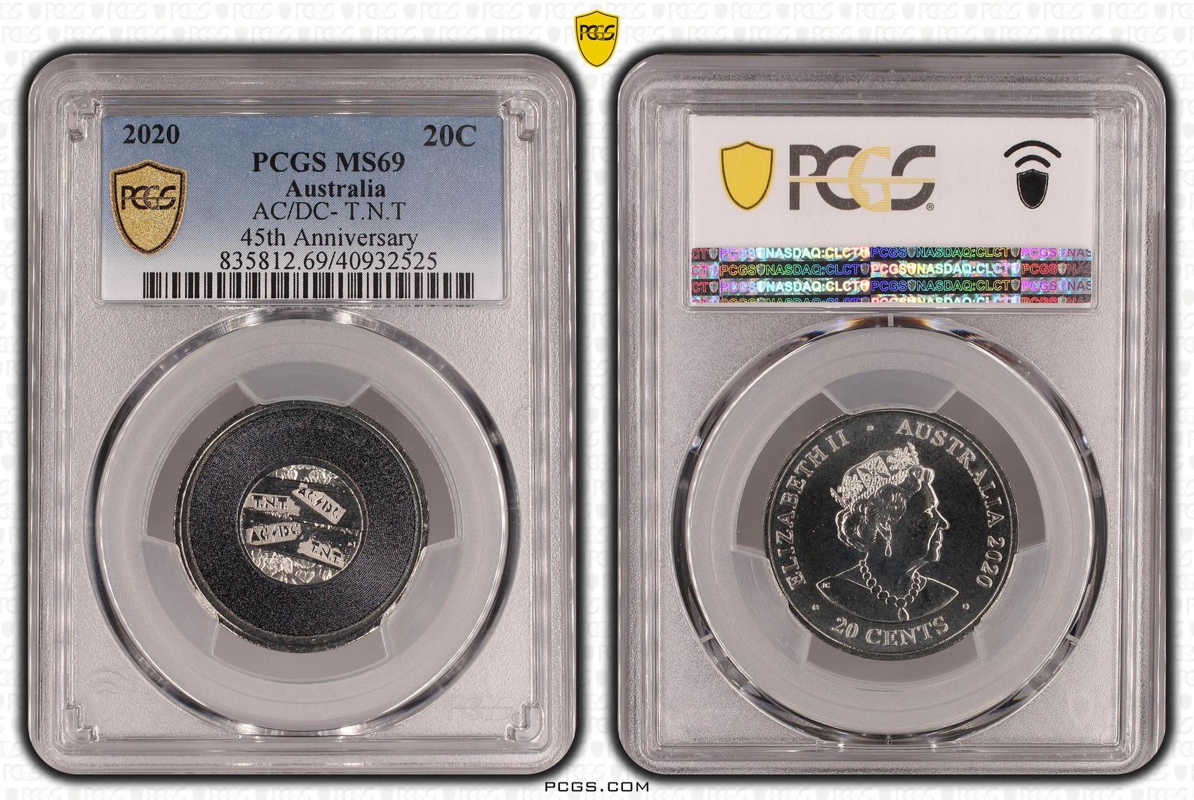 293 · AC/DC- T.N.T 45th Anniversary, Twenty Cent, 2020, PCGS MS69