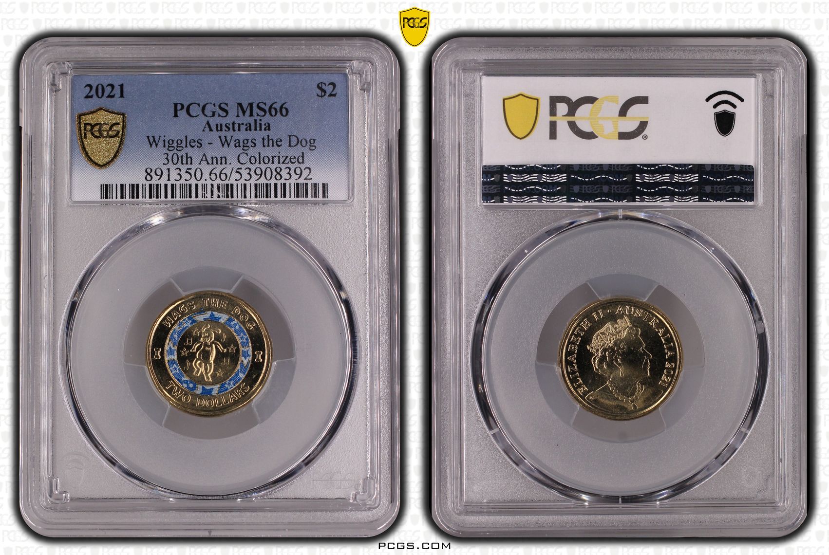 Wiggles - Wags the Dog 30th Ann. Colourised, Two Dollar, 2021, PCGS MS66