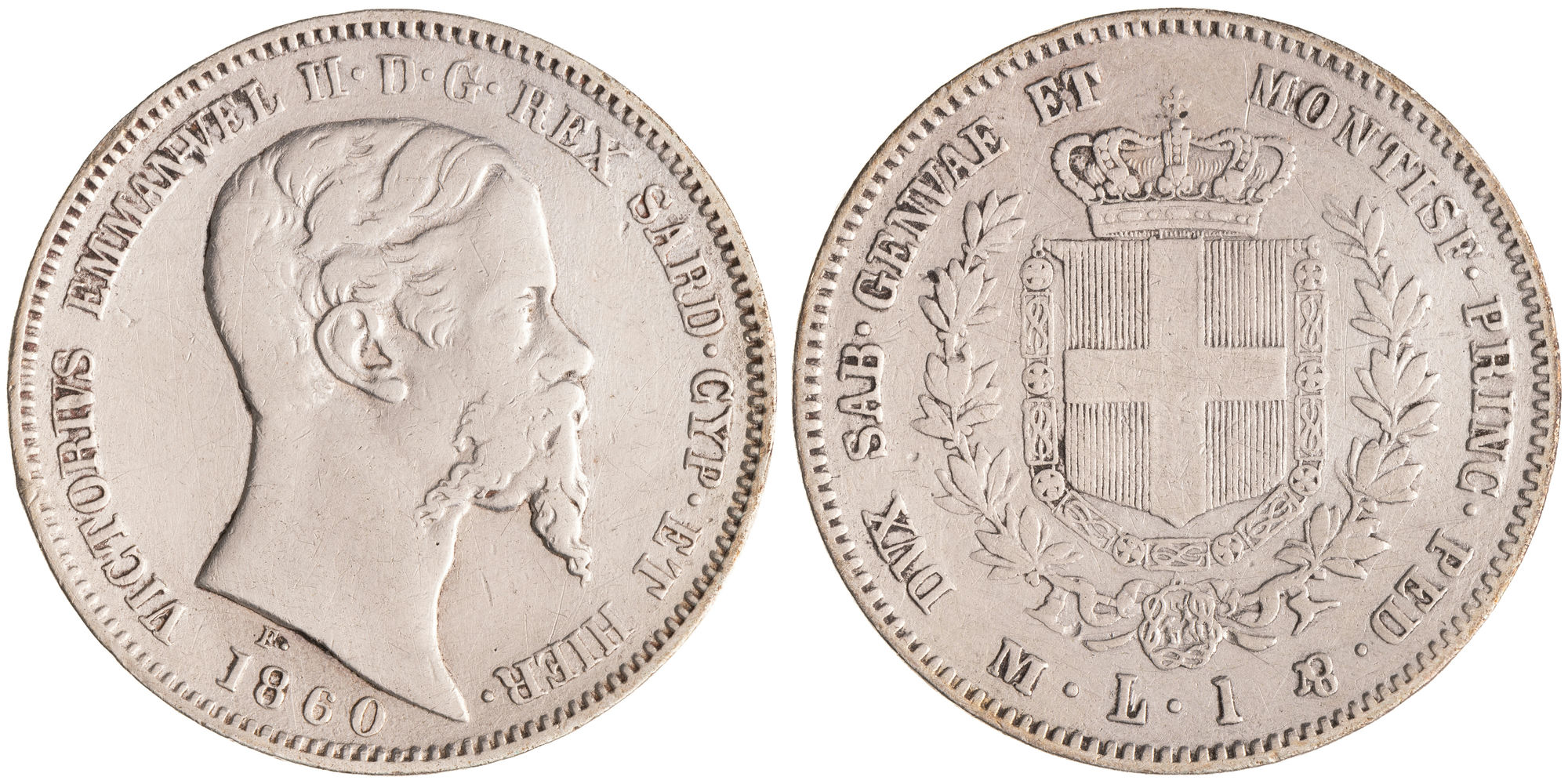 Italian States, Victor Emmanuel II, Kingdom of Piedmont-Sardinia, One Lira, 1860-F, Fine