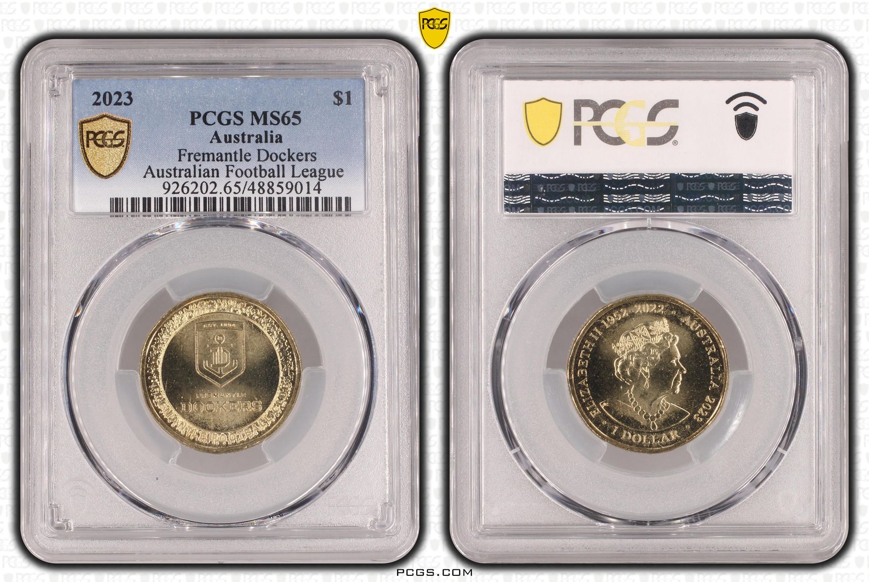 288 · Elizabeth II, AFL- Fremantle Dockers , One Dollar, 2023, PCGS MS65