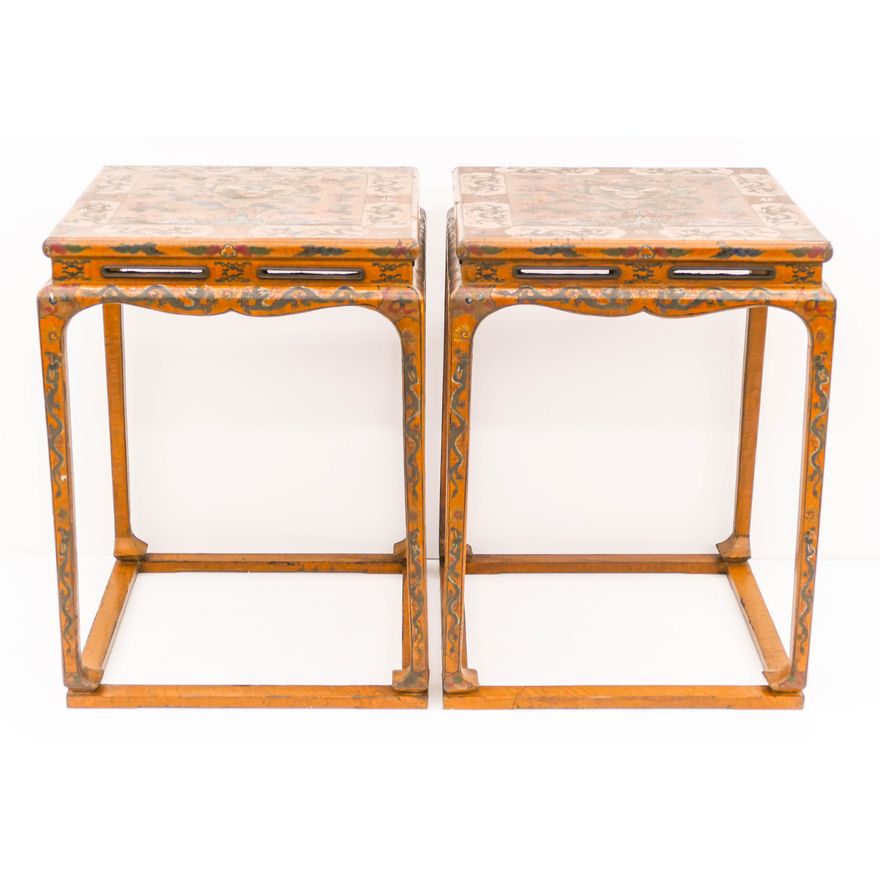 Pair Chinese Imperial Dragon Lacquered Square Tables