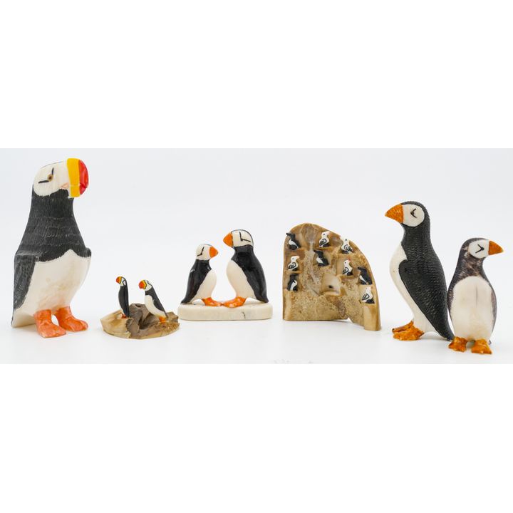 Box 6pc Alaskan Inuit Puffin Carvings 2'' to 3'' - Mike Pullock etc.