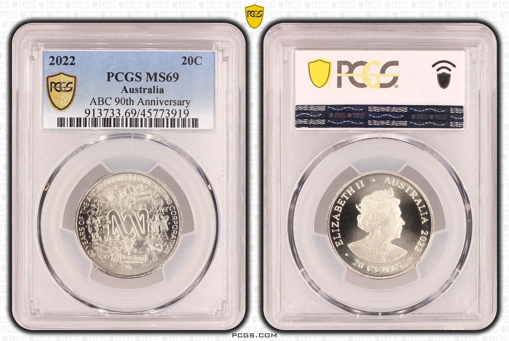 Elizabeth II, ABC 90th Anniversary, Twenty Cent, 2022, PCGS MS 69
