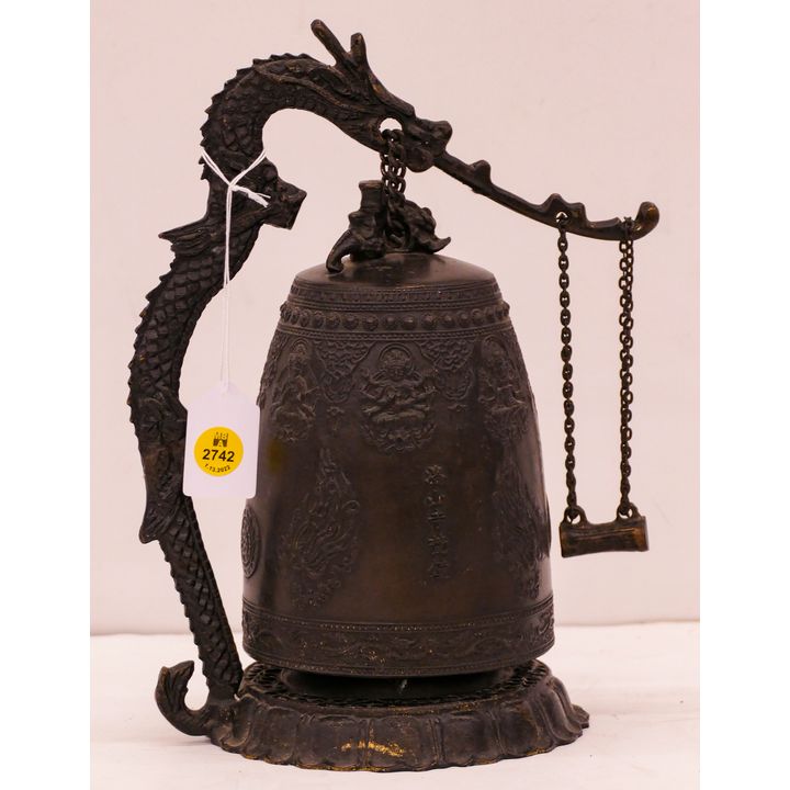 Japanese Dragon Bronze Temple Bell on Stand- 11''
