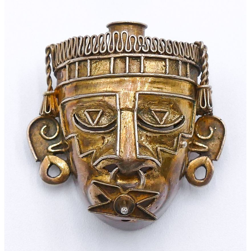 Vintage Aztec Mask Sterling Head Brooch 1.75'' - 30 Grams