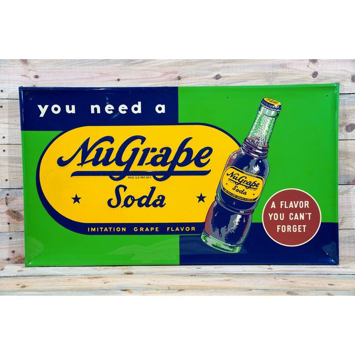 1951 NuGrape Soda Single Sided Tin Embossed Metal Sign TAC 9