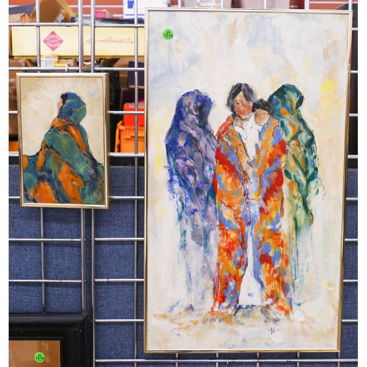 2pc V. J. Brooks Encaustic Modern Figure Paintings- largest 24x14''