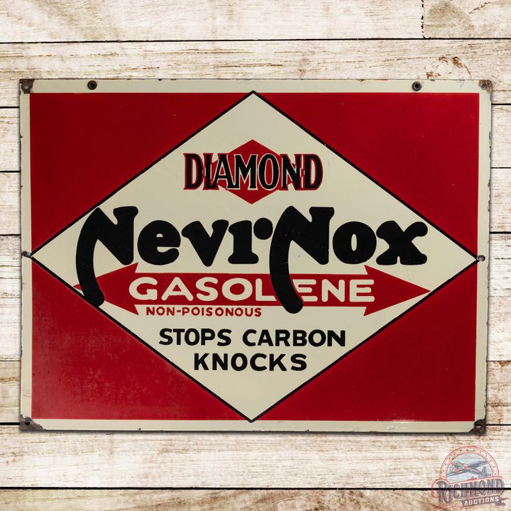 Early Diamond D-X NevrNox Gasolene "Stops Carbon Knocks" Double Sided Porcelain Sign w/ Logo
