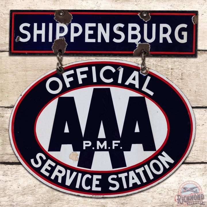 Shippensburg Official Triple A AAA Service Station Double Sided Porcelain Sign