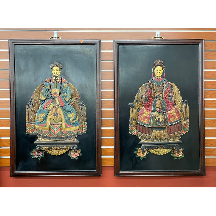 Pair Chinese Relief Carved and Lacquered Empress and Emperor Hanging Panels- 42x28'' each