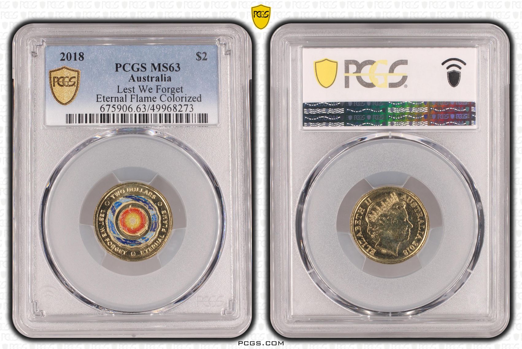 Lest We Forget Eternal Flame Colourised, Two Dollar, 2018, PCGS MS63