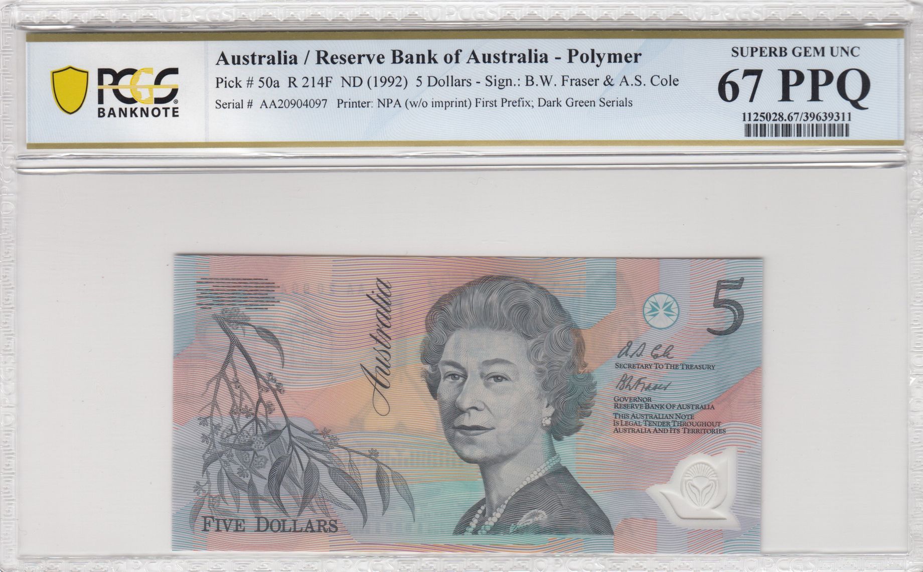 Fraser/Cole, First Prefix; Dark Green Serial, Five Dollar, 1992, PCGS Superb Gem UNC 67 PPQ