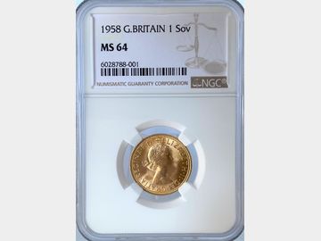 1958 ELIZABETH II PRE-DECIMAL GOLD SOVEREIGN MS64
