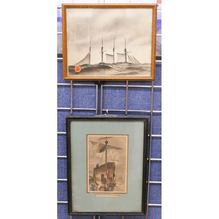2pc Antique Ship Photo and Engraving Framed- largest 12x9''